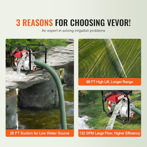 Image of VEVOR Gasoline Powered Clarified Water Pump, 2 in /50 mm, 7HP 132GPM 4-Stroke Gasoline Engine Water Transfer Pump with 25 ft /7.62 m Outlet Hose Max 98 ft Lift 26ft Suction, Cast Iron Impeller