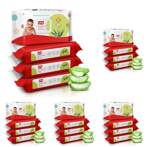 Image of LuvLap Moisturising Wet Wipes with Lid for Baby Skin, Enriched with Aloe Vera, Vitamin E & Chamomile Extract, pH Balanced, Dermatologically Safe, Paraben & Sulphate Free, 72 Wipes, Pack of 20