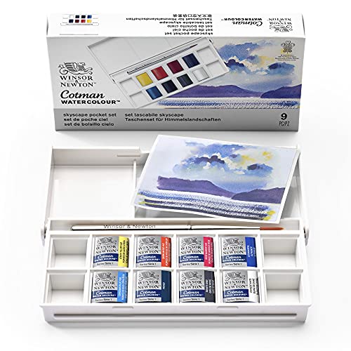 Winsor &Amp; Newton Acuarela Cotman - Set Temático De Bolsillo - Cielos, 8 Medio Godets + 1 Pincel De Viaje, Colores Surtidos