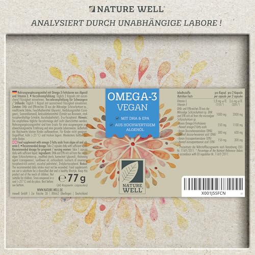 Omega-3 Vegan 60 Kapseln hochdosiert, 2000mg Omega-3 Algenöl pro Tag mit 600mg DHA & 300mg EPA, veganes Omega aus nachhaltigem Anbau als Fischöl-Alternative, laborgeprüft mit Zertifikat, NatureWell 6