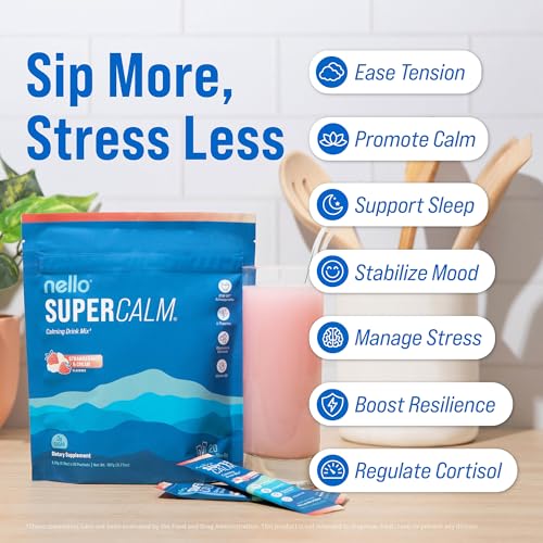 Image of Nello Supercalm Powdered Drink Mix, Cortisol Reducer*, Sleep Aid Supplement, L Theanine, Ksm-66 Ashwagandha, Magnesium Glycinate, Vitamin D 3, No Sugar, Non GMO, 20 Ct, Strawberries & Cream