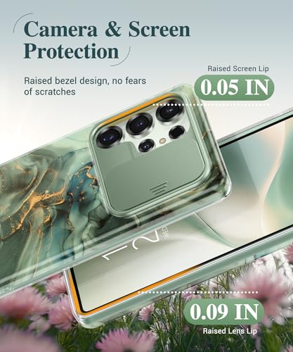 Image of GVIEWIN for Samsung Galaxy S25 Ultra Case, [Slide Camera Cover & Built-in HD Screen Protector] [2 Front Frames] Shockproof Military Grade Protective Marble Phone Case for S25 Ultra 6.9 inch (Desert Dream)