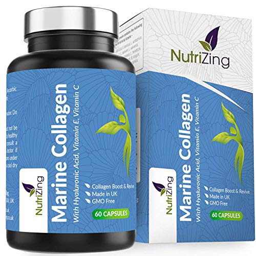 Premium Marine Collagen Capsules Enhanced with Vitamin C + Vitamin E + Hyaluronic Acid. Superior Potency & High Bioavailability. Made in UK by NutriZing. Supports Collagen Formation for Skin