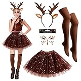 HUKUMA Costume de chevreuil pour femme, serre-tête + visage tatoué + jupe en tulle marron + bas genoux, accessoires de costume de renne pour carnaval, Noël, cosplay, fête à thème