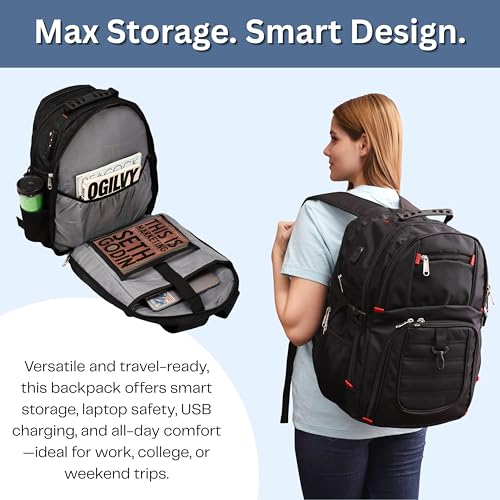 RELY+ Extra Large 50L Travel Laptop Backpack with USB Charging Port, College Backpack, Airline Approved Business Work Bag, Fits 17-Inch Computer for Men & Women3