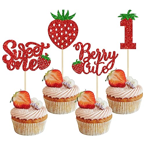 24Pcs Sweet One Cupcake Toppers Glitter First Birthday Strawberry Cupcake Picks for Fruit Baby Shower 1st Birthday Berry Sweet Cupcake Decorations Party Supplies Red