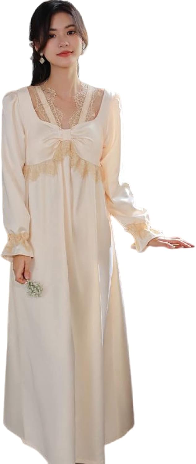 [売店] 婦人用サテンローブ、 レディース 長袖ナイトガウン ベージュ サイズ S M L XL