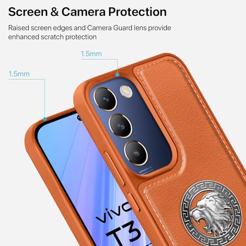 Image of Vaku Luxos Regal Shield TPU Back Cover Case for Vivo T3 5G Metal Lion Engraved Leather Stitched Design Camera Screen Protector- Brown