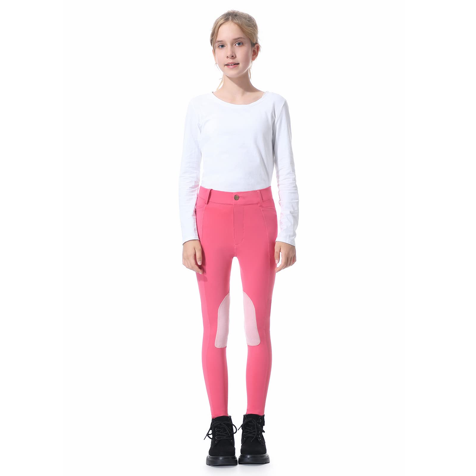 beroy Pantalones de equitación con parches de rodilla para niñas, pantalones ecuestres con cremallera frontal y bolsillos
