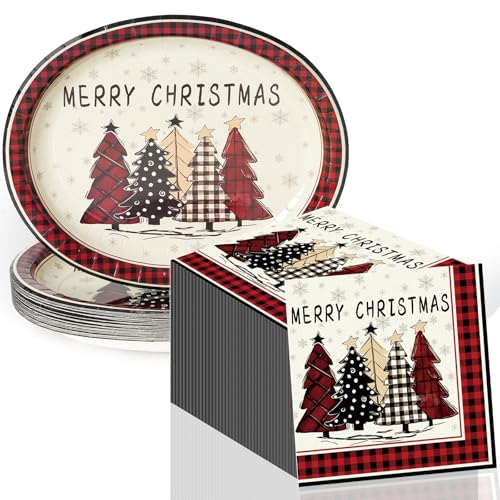 KTCNMER 50Pcs Christmas Large 12" x 10" Oval Paper Plates and Napkins Disposable Heavy Duty Paper Plates and Napkins for Christmas Party Supplies