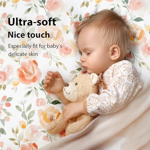 Baby Crib Sheets Girl, 3 Pack Toddler Bed Sheets for 52”x28” Standard Toddler Mattresses, Soft Microfiber Fitted Crib Sheets Neutral Orange Watercolor Flower
