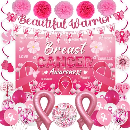 Crenics Pink Breast Cancer Awareness Decorations - Breast Cancer Awareness Backdrop, Banner, Hanging Swirls, Paper Pom Poms and Balloons for Charity Activity Party Supplies