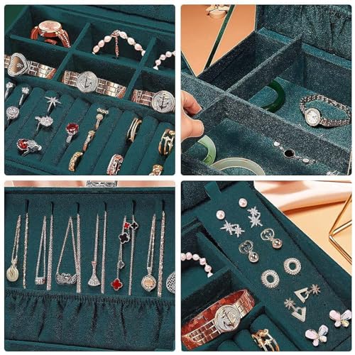 Image of Velvet Three Layer New Vintage Flannel Jewelry Box Earrings Earrings Rings Necklace Bracelets Jewelry Organiser Storage Case With Drawer For Girls Women Dark Green (AB-05)