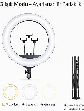 21 İnç (54 CM) Profesyonel Ring Light – 210 CM Ayarlanabilir Tripodlu, 3’lü Telefon Tutuculu, 3 Işık Modlu, Parlaklık Ayarlı, USB Güç Girişli Stüdyo & Canlı Yayın Işığı