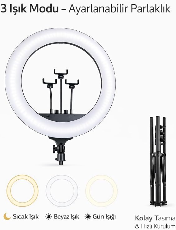 21 İnç (54 CM) Profesyonel Ring Light – 210 CM Ayarlanabilir Tripodlu, 3’lü Telefon Tutuculu, 3 Işık Modlu, Parlaklık Ayarlı, USB Güç Girişli Stüdyo & Canlı Yayın Işığı