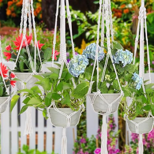 2 Stück Makramee Blumenampel Hängend Innen Baumwollseil Hängeampel Pflanzenhänger Blumentopf Pflanzen Lang Halter Aufhänger mit Quasten Hängetopf Beige Pflanzhänger Kann Boho Deko für Draußen Balkon