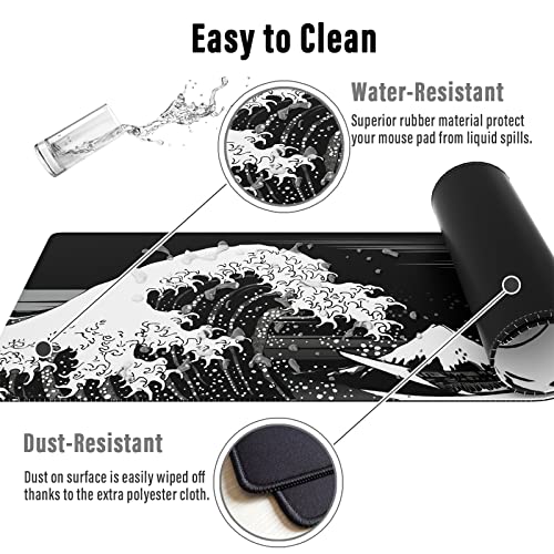 Ovenbird Extended Gaming Computer Mouse Pad, Large Black Mouse Pad For Desk, Cute Anime Japanese Great Wave Desk Pad For Keyboard And Mouse, Black, 31.5 X 11.8 X 0.12 Inches #TOP5