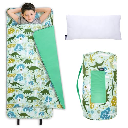 Image of Original Nap Mat, Wildkin Children's Original Nap Mat with Built in Blanket and Pillowcase, Pillow Insert Included, Premium Cotton and Microfiber Blend, Children Ages 3-7 years - Dinomite Dinosaurs