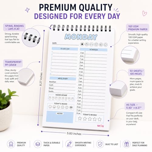 Image of Daily Planner Notepad Undated A5 Spiral | 7 Pastel Colours Hourly To-Do Meal Mood Tracker | 100 GSM Aesthetic Diary for Girls Women Students