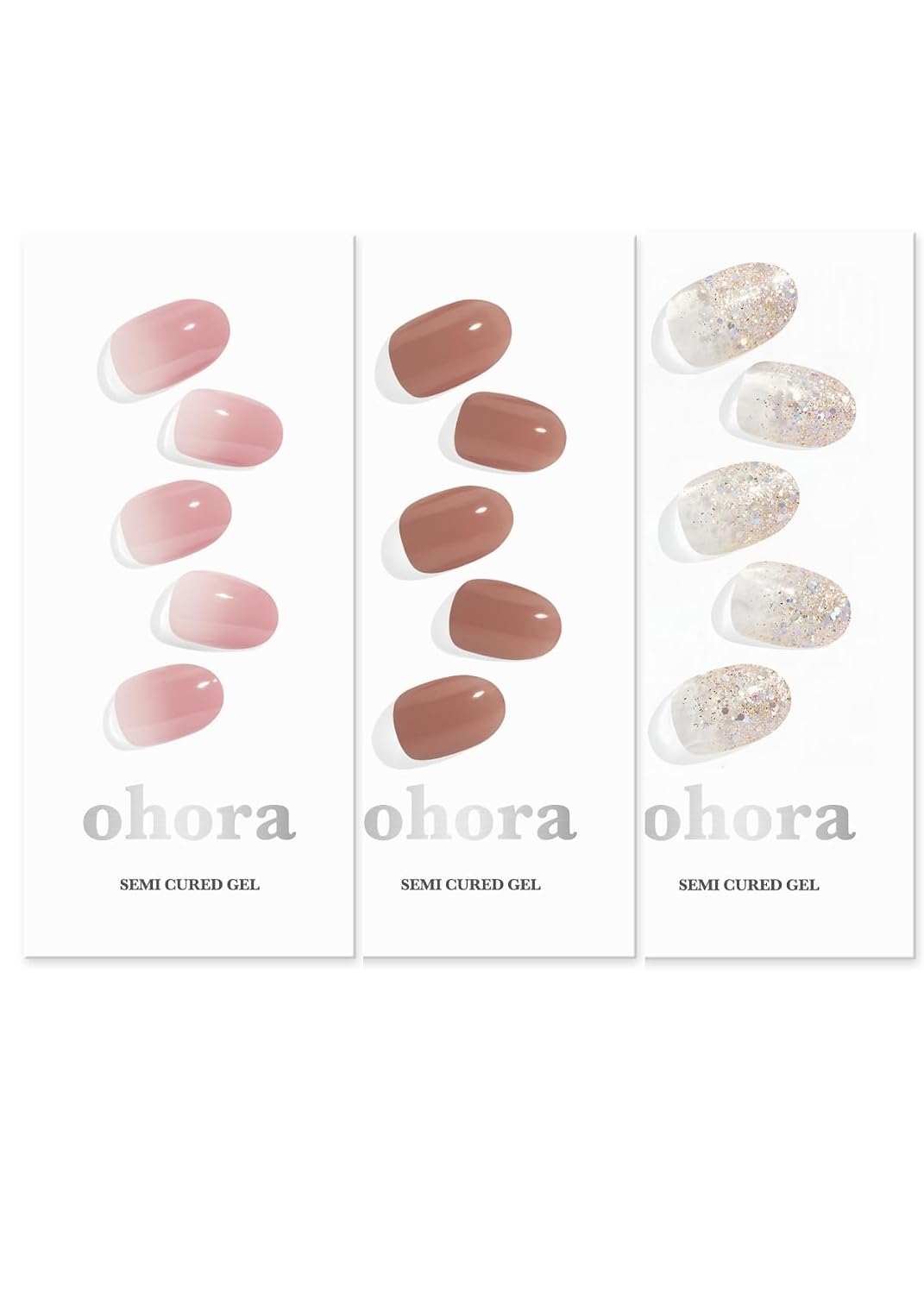 ohora Semi Cured Gel Nail Set of 3 (N Milk Rose & N Bare Brick & N Sparkle Glam) - Professional Salon-Quality Nail Care