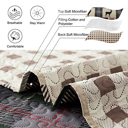 Ycosy Lodge Bedspread Set King Size Rustic Cabin Quilt Set Deer Bedding Sets Lightweight Coverlet Reversible Bedspreads Elk Moose Printed Bedcover Dark Green Beige Plaid Patchwork Bedding Country Decor thumb #4