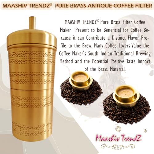 Image of Pure Brass Antique Coffee Filter /South Indian Traditional Coffee Filter /Etched Brass South Indian Coffee Filter /Embellished Heavy Duty Coffee Filter with Elegant Matt Finish