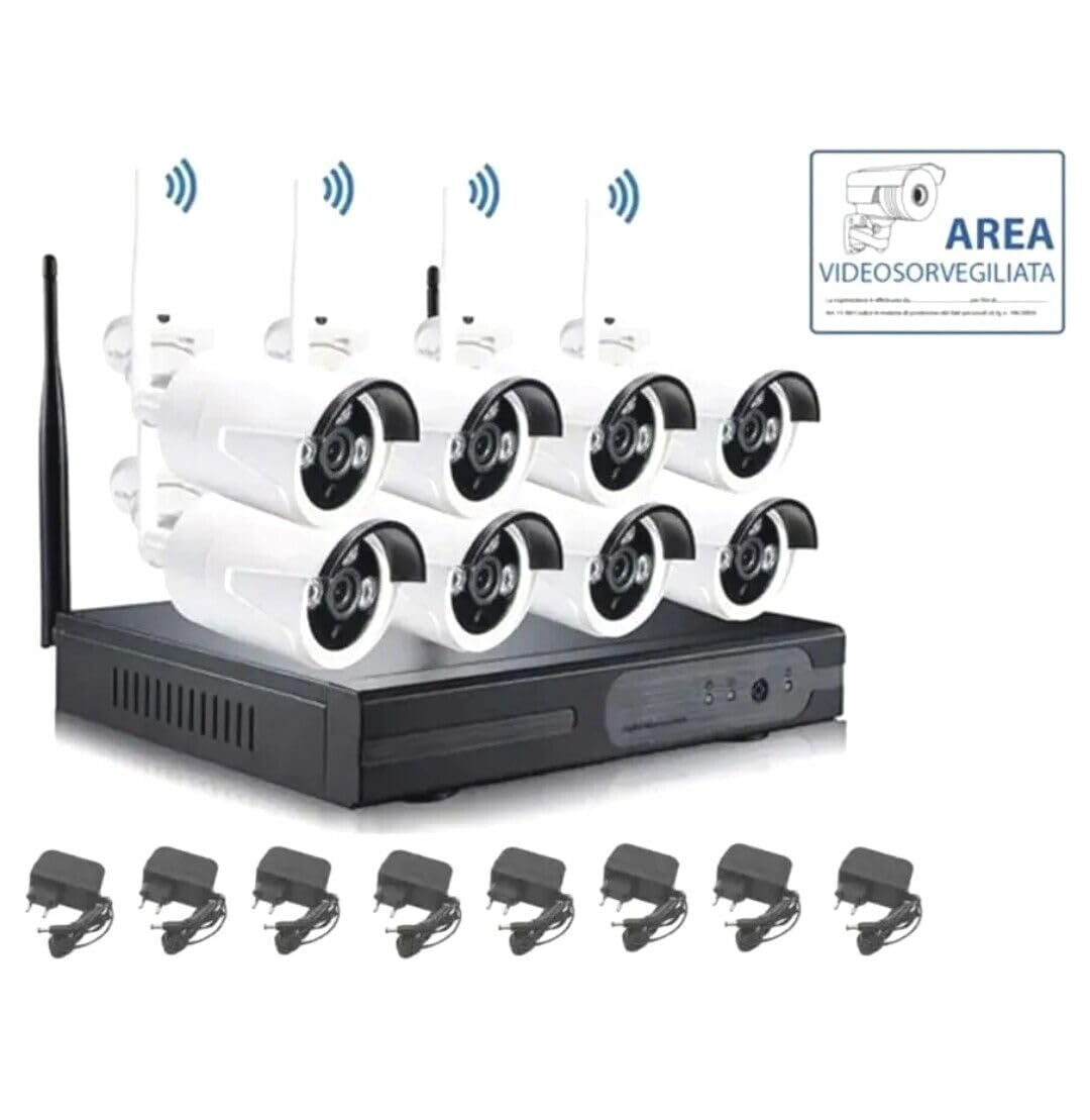 Kit Videosorveglianza Wireless Full HD 8 Canali con 8 Telecamere, Mouse, Alimentatori e WiFi 5G – Sistema di Sicurezza Remoto NVR DVR con Connessione IP - CW824