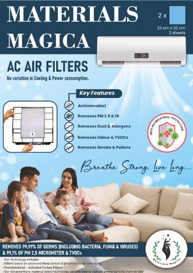 Materials Magica AC air filters | advanced Nano Carbon based filter technology air purifier| Antimicrobial| Removes PM 2.5, VOCs, Allergens,Compatible with window & split AC | 1 pack of 2 sheets.