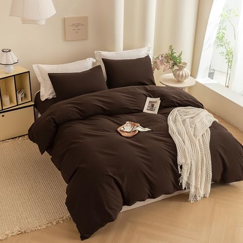 Image of ECOCOTT Duvet Cover King Size -100% Washed Cotton Linen Like Textured Breathable Durable Soft Comfy Bedding Set with Zipper Closure & Corner Ties (Cocoa Brown, 104 inchx90 inch)