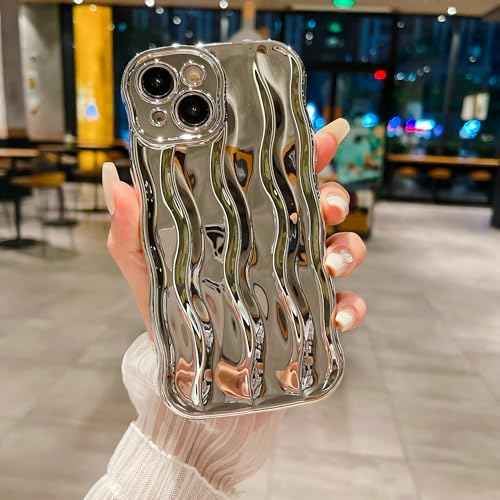 Curly Wave Frame Phone Case Designed for iPhone 15, Cute Glossy Water Ripple Pattern Soft TPU Slim Fit Back Cover for Women Girls Silver