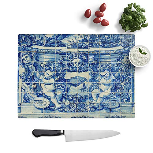 Kitchen Chopping Board Glass - Blue Portugal Tiles - Textured Worktop Saver Cutting Board - Heat Resistant, Shatterproof and Hygenic - 39 x 28.5 cm
