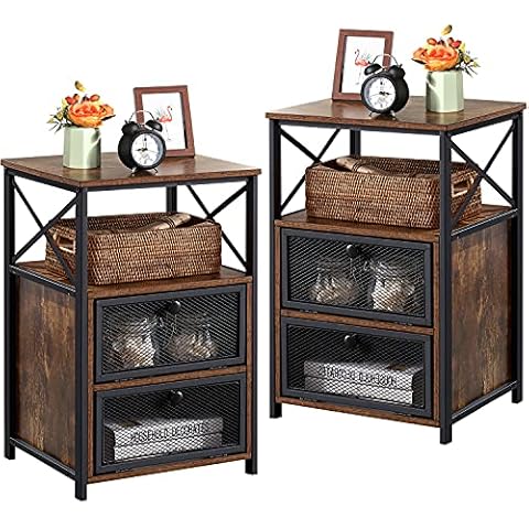 VECELO Modern Night Stand, End Side Table with Storage Space and Door, Nightstands with Flip Drawers for Living Room,Bedroom,Lounge,Set of 2, Brown Cover