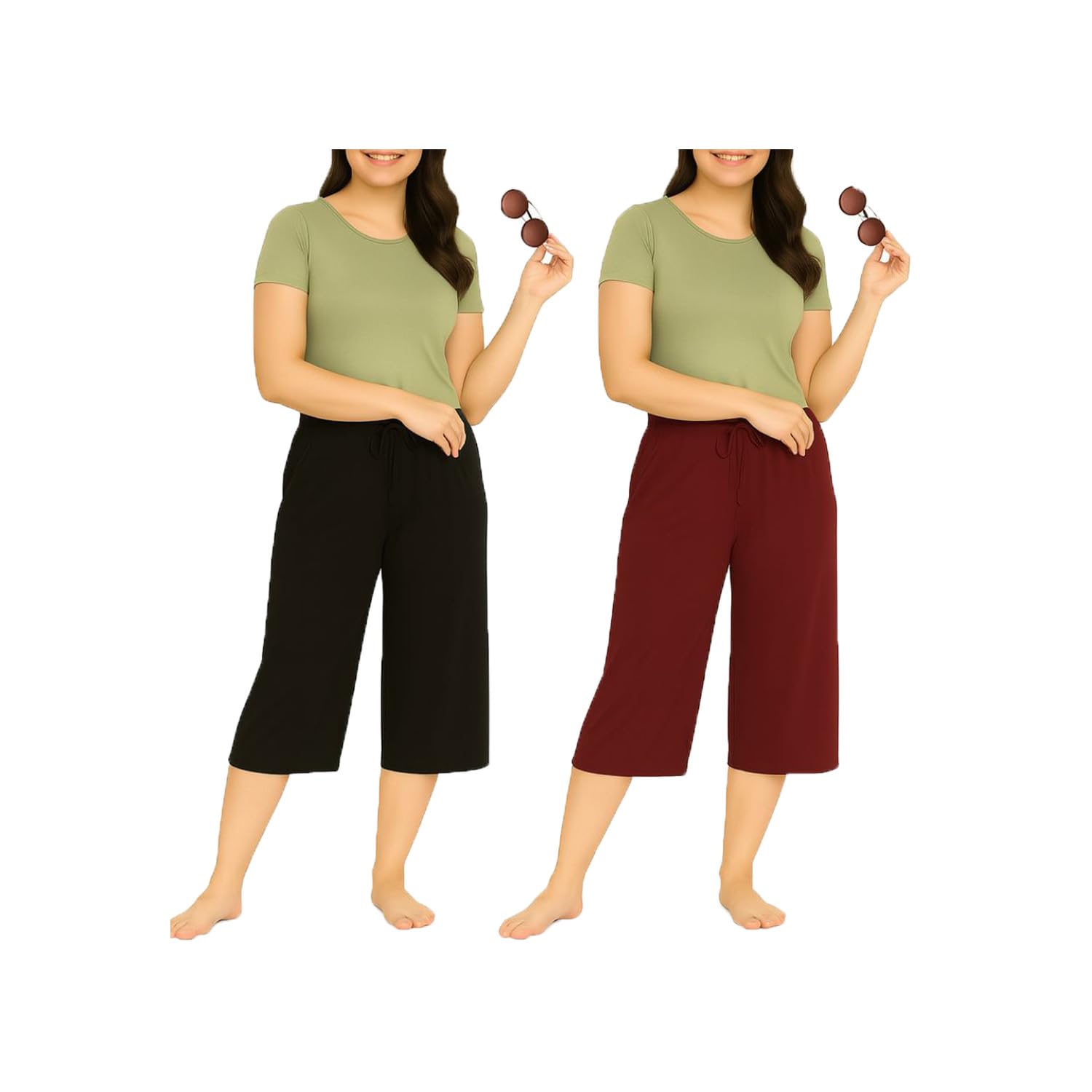 brand flex Women's Loosefit Capri, 3/4th Capri For Girls Black, Marrone (2Pack)-picture-24
