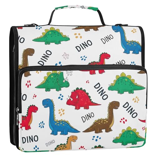 カラフルな漫画恐竜 ホワイト 1 1/2インチ 3リングバインダー Dリング ファスナー付きバインダーオーガナイザー 中学校バインダーバッグ ストラップストレージポートフォリオケース ハンドル付き