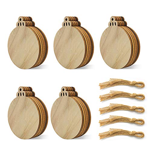 50 Pack Wooden Crafts to Paint Christmas Tree Hanging Ornaments Unfinished Wood Cutouts Christmas Decoration DIY Crafts (Round Cutouts)