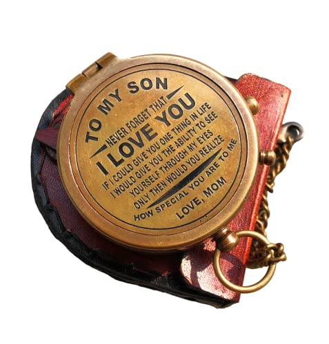 Engraved Brass Compass with Leather Case - Nautical Gift for Our Son from Dad and Mom - Anniversary, Birthday