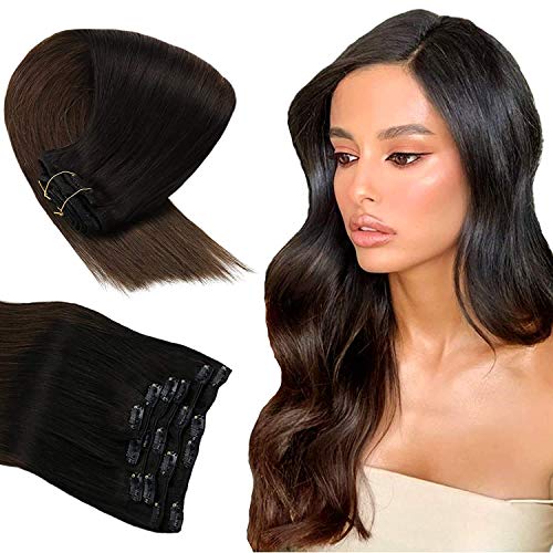 Sunny Ombre Hair Extensions Clip in Human Hair 14inch Black with Dark Brown Ombre Clip in Human Hair Extensions Full Head Clip on Silky Straight Hair 7pcs/100g