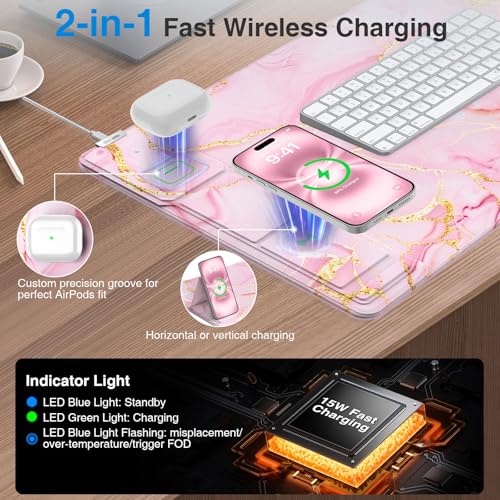 Image of Wireless Charging Mouse Pad with Foldable Phone Holder, 31.5 inchx15.8 inch Large Desk Mat for Laptop /Keyboard, Waterproof Ultra-Smooth Surface, Non-Slip Base, Pink Marble