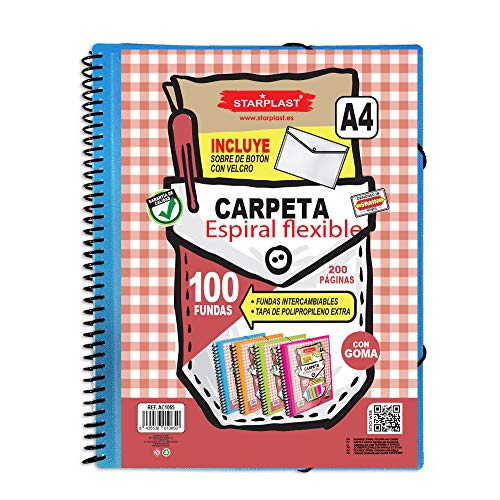 Starplast Carpeta Espiral Flexible, Carpeta Fundas, 100 Fundas Transparentes, Tamaño A4, Tapas de Polipropileno, Portada Personalizable, para Oficina, Uso Escolar, etc. (Azul, 100 Fundas)