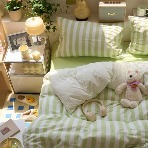 Image of VM VOUGEMARKET Striped Duvet Cover Set Queen Teens Boys Girls Dorm Bedding Set Soft Lightweight Reversible Microfiber Farmhouse Duvet /Quilt Cover-90 x90,Green White