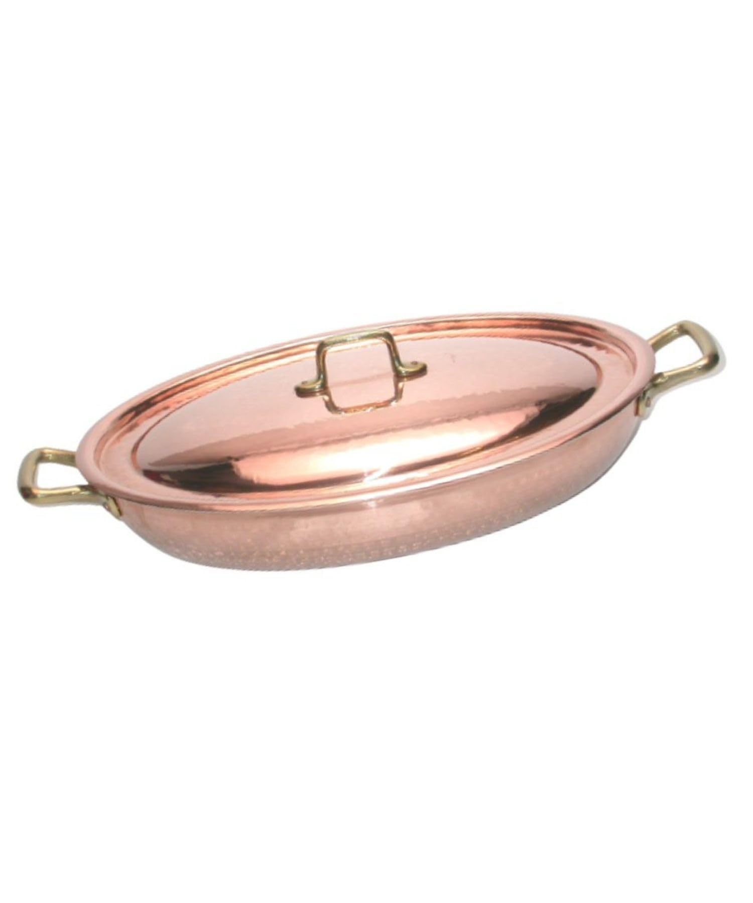 CREARTISTIC Tegame basso in rame puro stagnato Con Coperchio - 31x22 cm h 6 cm x 2,5 L, Con 2 maniglie in ottone da 4 cm, Pentolino per servire - Produzione Artigianale - Made in Italy