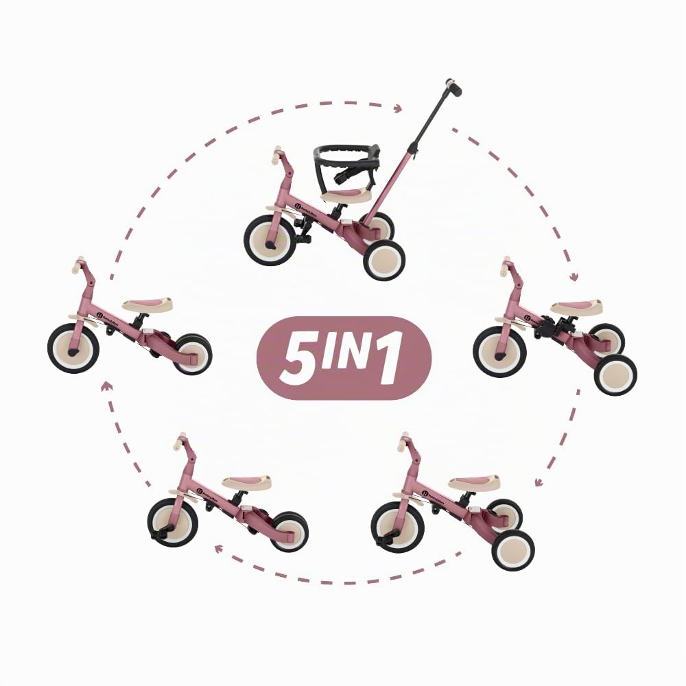 Petite&Mars Turbo 5-in-1 Triciclo Evolutivo – Bici Bimbo Multifunzione Regolabile, 1,5 a 5 Anni (Rosa Polvere)