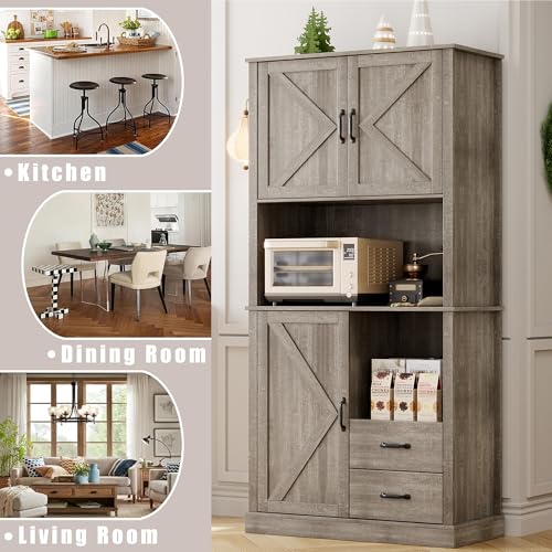 GarveeHome Modern Kitchen Pantry Cabinet with Microwave Stand, Tall Hutch Bar Cabinet with Drawers & Adjustable Shelves, Large Wood Storage for Dining Room, Living Room, Rustic Grey