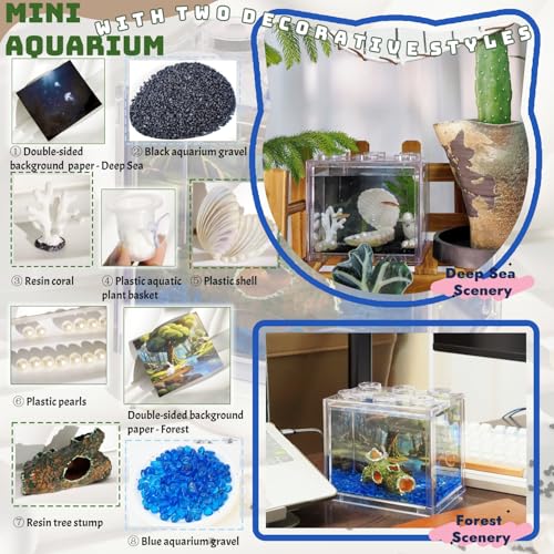 Small Betta Fish Tank, Mini Sea Monkey Tank Aquarium Kit with Gravel & Background Resin Decor, 0.6 Gallon Stackable Tabletop Fish Bowl Accessories for Shrimp Seaweed Ball