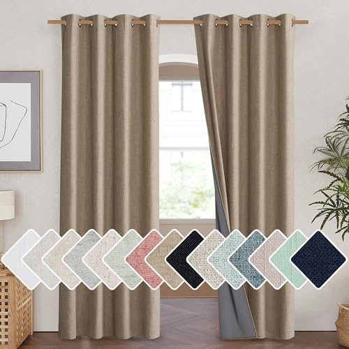 NICETOWN Burlap Vintage Open Linen Weave Flax Thermal Curtains 100% Blackout Curtains 84 inches Long for Dining Room Soundproof Window Treatment Drapes for Hall Room 52 Wide Per Panel Set of 2