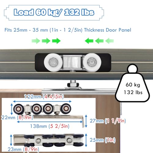 Kit de Herrajes para Puerta de Granero con Riel Doble AMUFJJ, Sistema Comercial de Carril para Puerta Corredera con Poleas para Paneles de 1" a 1 2/5" de Grosor, Riel Montaje en Techo de 2 pies (60cm) miniatura 3