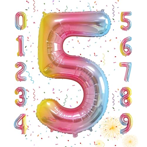Image of 40 Inch Rainbow Gradient 5 Balloon for 5th Birthday Decorations