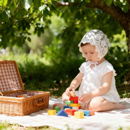 Image of Baby Bonnet for Baby Girl - Eyelet Lace Cotton Christening Baptism Sun Hat with Adjustable Chin Strap, White Infant Bonnet for Photo Shoot