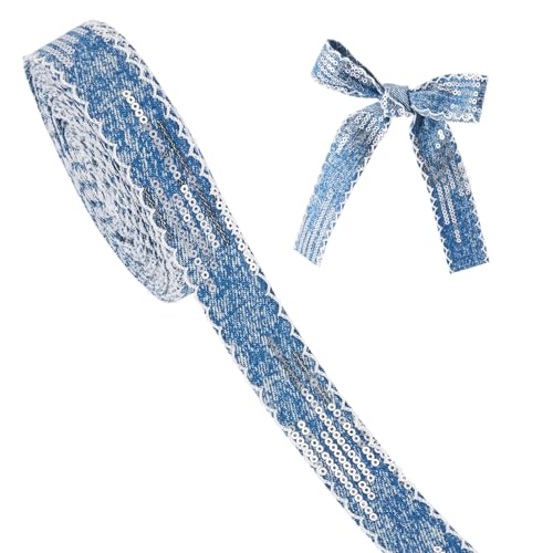 Elecrelive 10 Yards Denim Ribbon Jean Fabric Sequins Beaded Cloth Ribbon 27mm Jean Strips for Gift Wrapping Applique Sewing Craft Party Decoration, Cornflower Blue