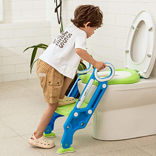 Potty Training Seat with Step Stool Ladder for Kids and Toddler,Wiifo Sturdy Potty Ladder with Soft Padded Cushion for Toddler Boys and Girls,Toddler Toilet Training Seat Chair(Blue White) - Thumbnail 2